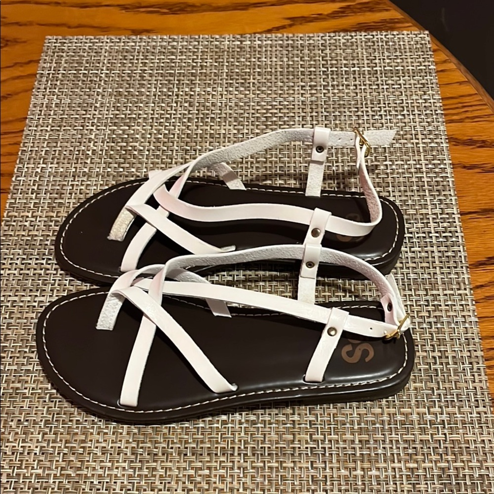 SO White and Brown Crisscross Sandals